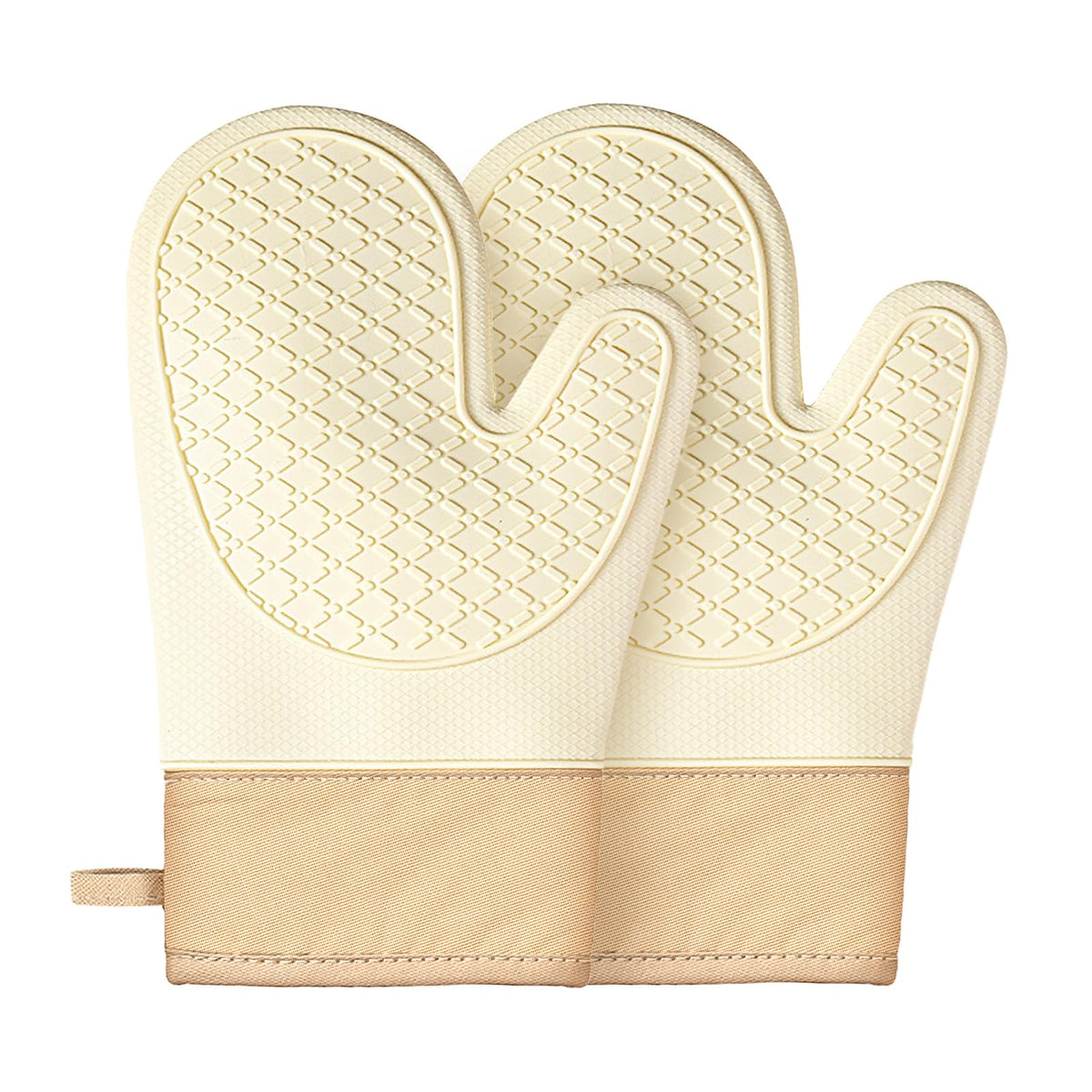 Silicone Oven Mitts (2 PCS), Waterproof Non Slip Grip Oven Gloves with Thick Soft Cotton Lining, Universal Fit Heat Resistant Kitchen Gloves for Baking, BBQ, Cooking and Grilling - White