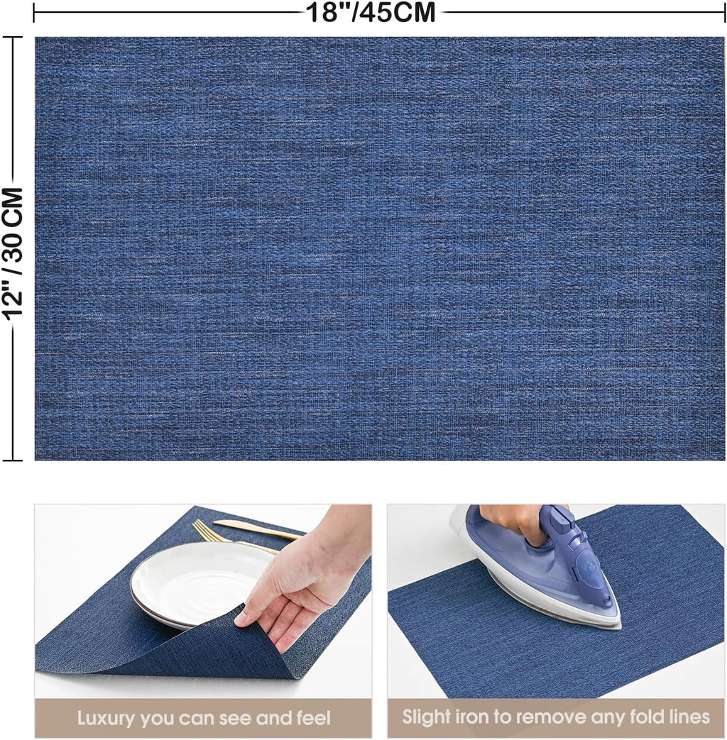 Artoid Mode Navy Blue Vinyl Placemats Set of 4, Washable Heat Resistant Non-Slip Woven Plastic PVC Place Mats for Farmhouse Holiday Party Kitchen Dining Decor