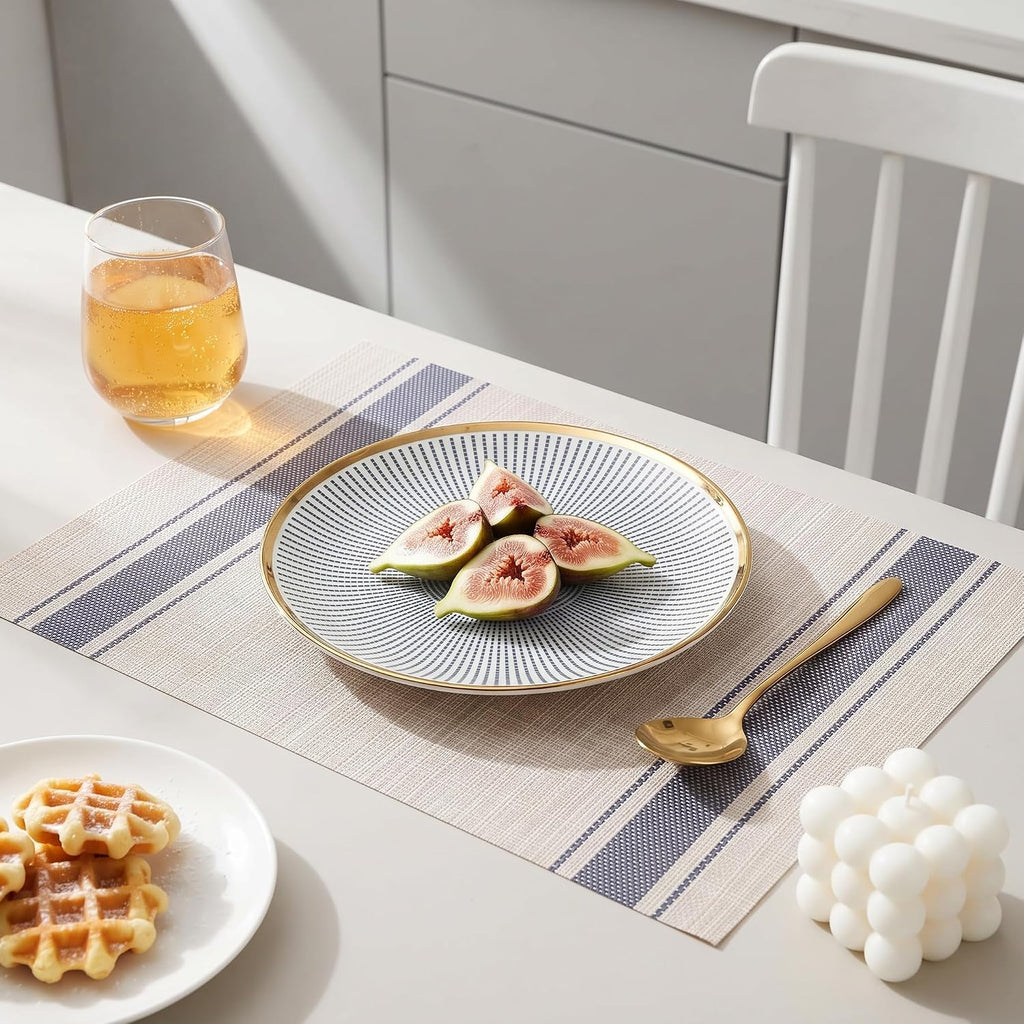 Winknowl Placemats Set of 8, Heat Resistant Non-Slip Vinyl Woven Table Mats for Dining Table, Washable Durable Elegant Place Mats for Kitchen Indoor/Outdoor Use (Beige Blue)