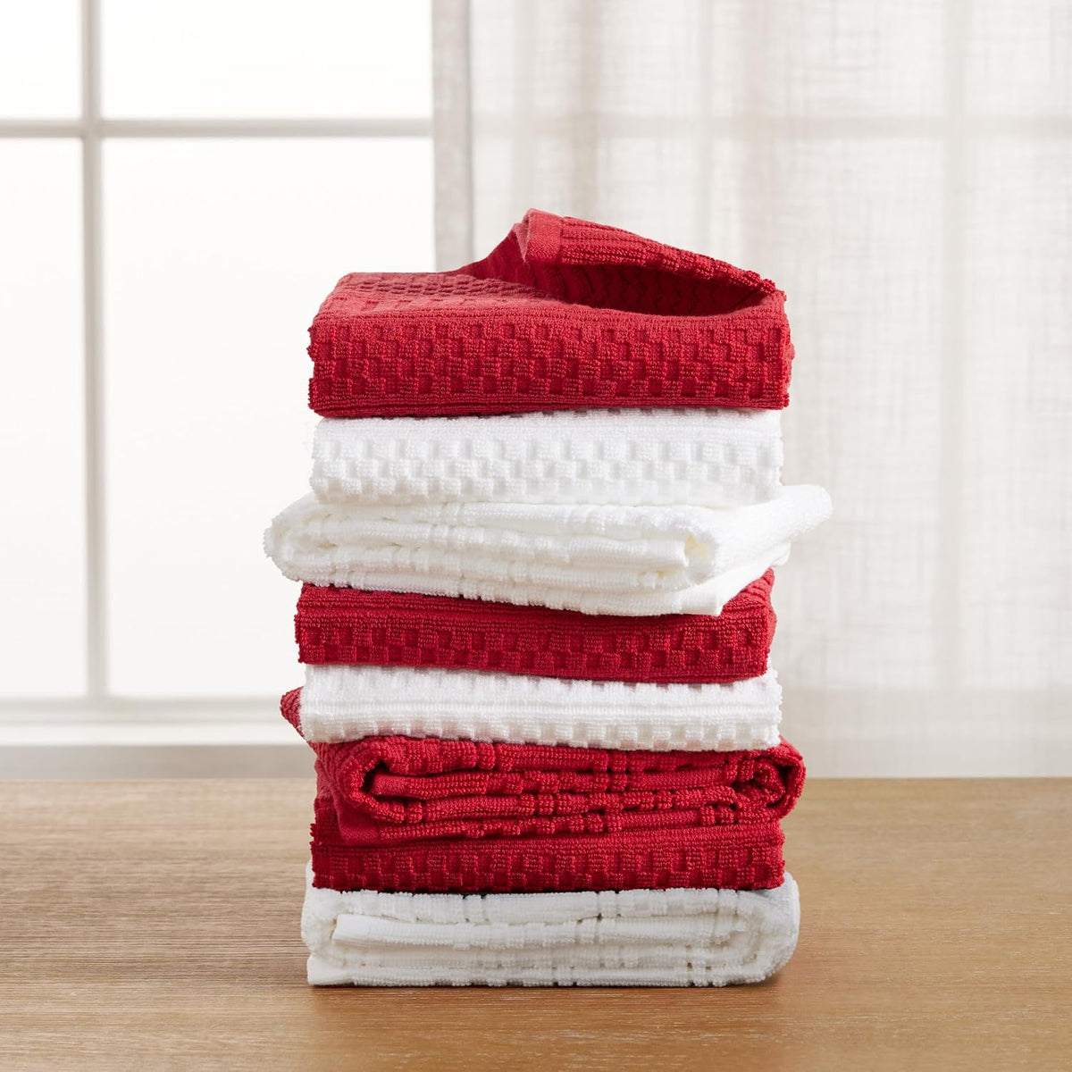KitchenAid Cotton Classics Textured Solid Kitchen Towels 8-Pack, Absorbent 100% Cotton, Passion Red/White, 17”x28”