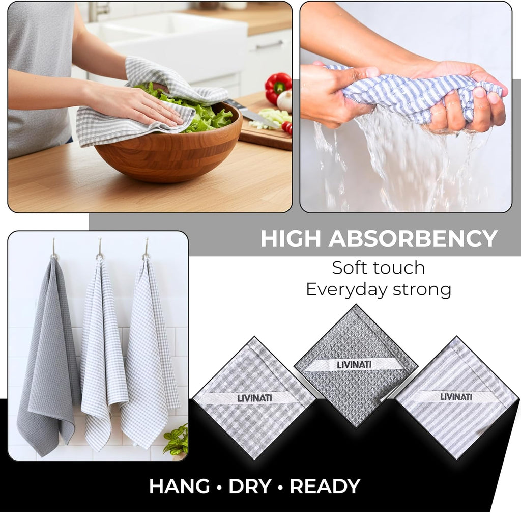 Cotton Dish Towels For Kitchen Drying - Highly Absorbent Light Gray Striped Gingham Plaid Tea Towels - 18"X28" Set Of 6 Farmhouse Linen Dishtowels In Bulk - Pano De Prato Para Cozinha - T Towles Towls