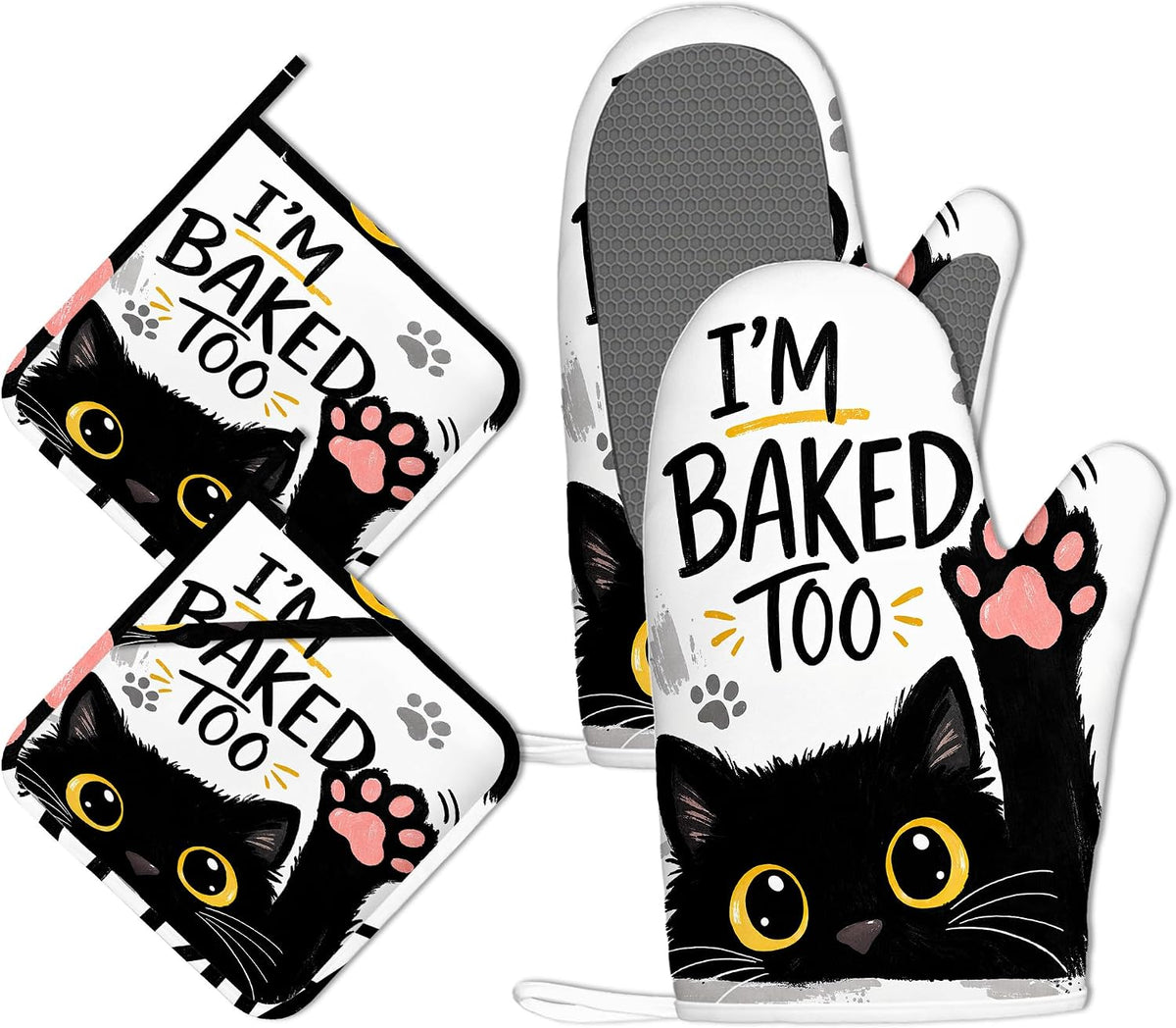 Funny Baker Black Cat Oven Mitts and Pot Holders Sets of 4 PCS, I’M Baked Too Oven Gloves Potholder for Kitchen Cooking Baking BBQ Heat Resistant