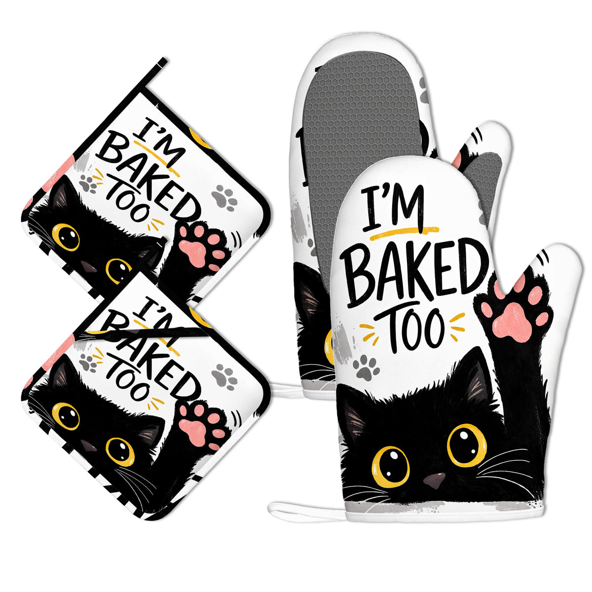 Funny Baker Black Cat Oven Mitts and Pot Holders Sets of 4 PCS, I’M Baked Too Oven Gloves Potholder for Kitchen Cooking Baking BBQ Heat Resistant