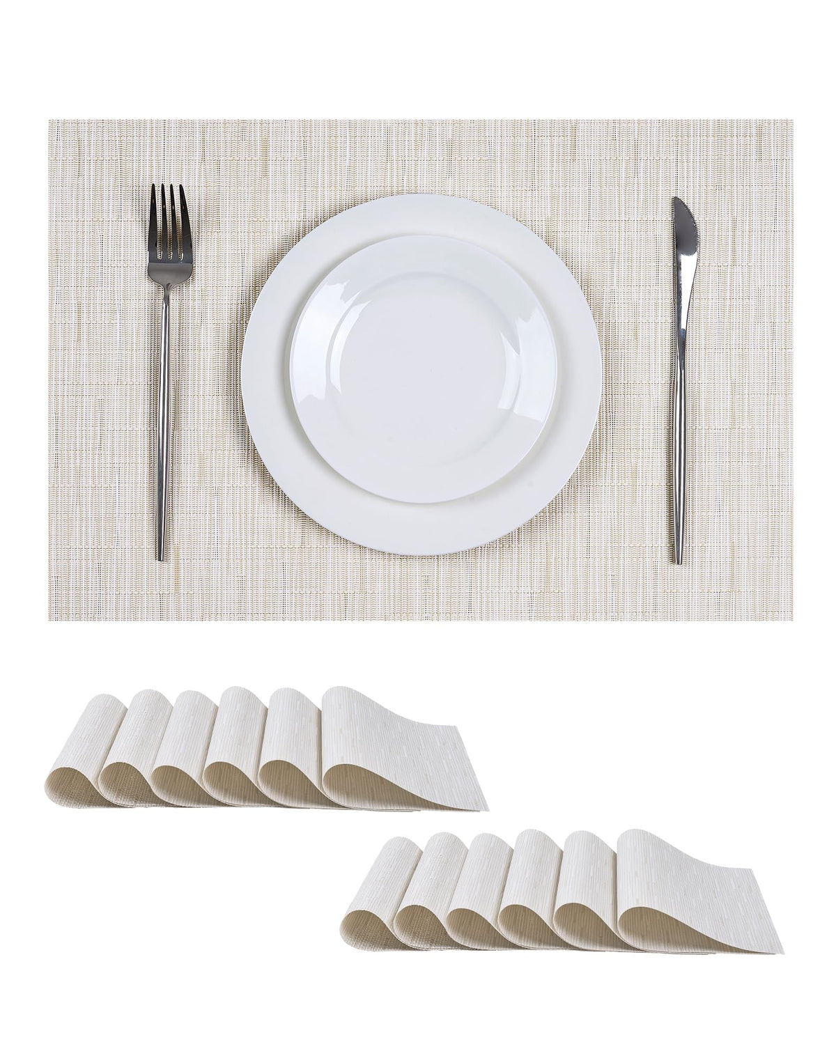 Beige Placemats Set of 6 - Heat-Resistant, Non-Slip Table Mats, Washable Woven Vinyl for Indoor & Outdoor Dining