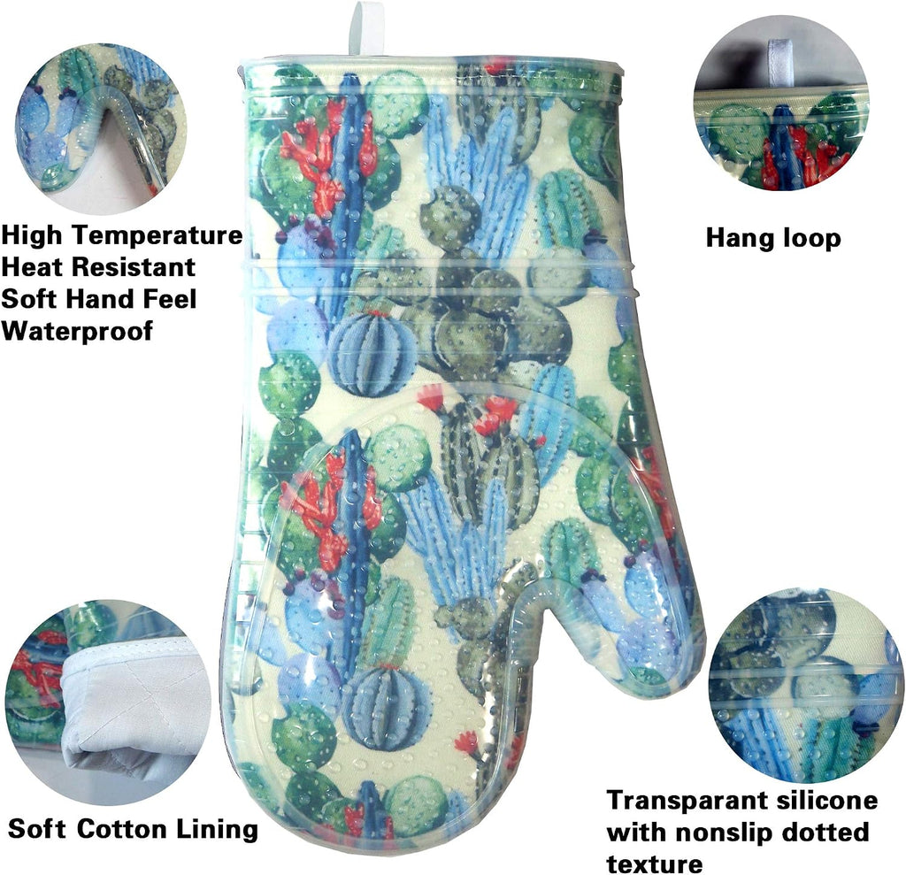 Oven Mitts with Transparent Clear Silicone Shell and Nice Cacturs Flower Printing