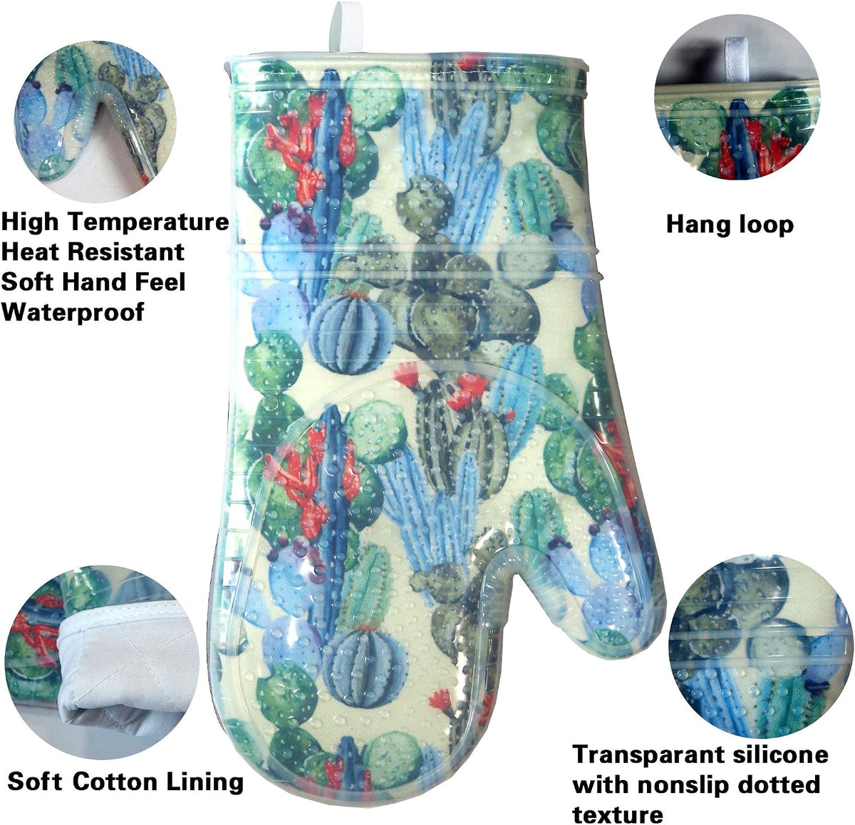 Oven Mitts with Transparent Clear Silicone Shell and Nice Cacturs Flower Printing