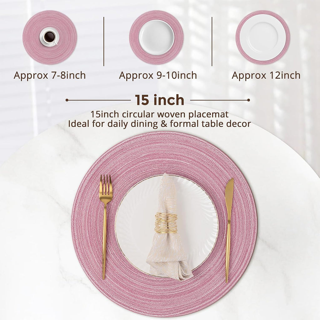 Topotdor Round Placemats Set of 6,Washable Woven Table Mats,Pink