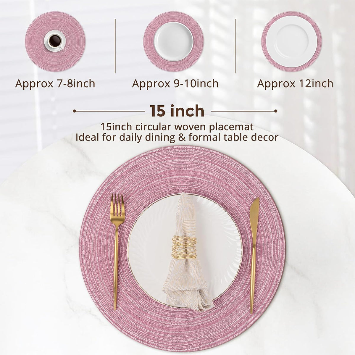 Topotdor Round Placemats Set of 6,Washable Woven Table Mats,Pink