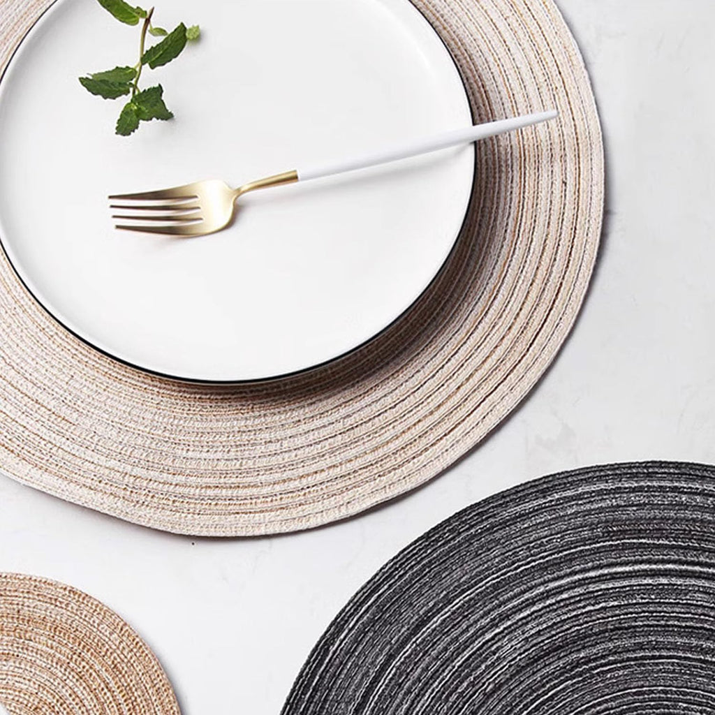 12 Inch Round Braided Placemats Set of 4,Washable Heat Resistant Cotton Polyester Circle Place Mats for Kitchen Dinner Party Table Decoration,Suitable for Plates Under 10 inches(Beige Medium Size)