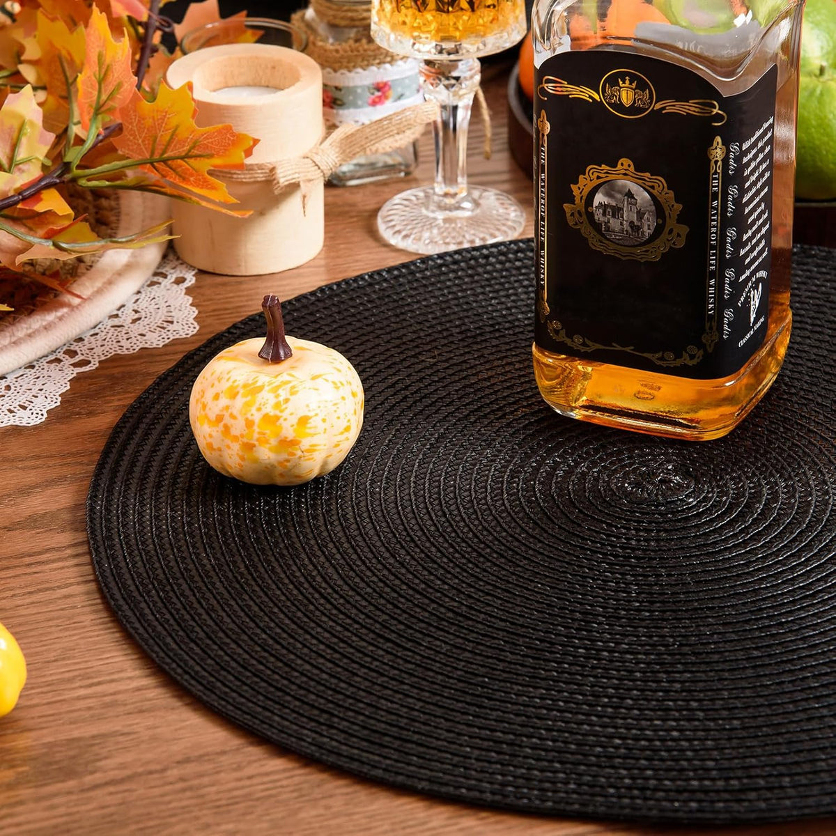 AHHFSMEI Round Placemats Set of 6 Heat Resistant Washable Non-Slip Woven Braided Table Mats for Dining Table Kitchen & Home Decor (Black)
