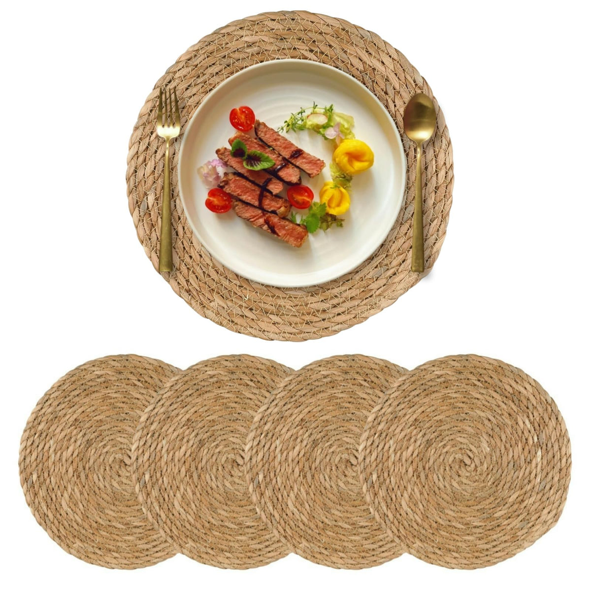 Round Woven Placemats Set of 4, 12" Boho Rattan Placemats Natural Hand-Woven Place Mats Table Decor, Chargers for Dinner Plates, Farmhouse Place Mats, Wicker Table Mats for Dining Table, Home