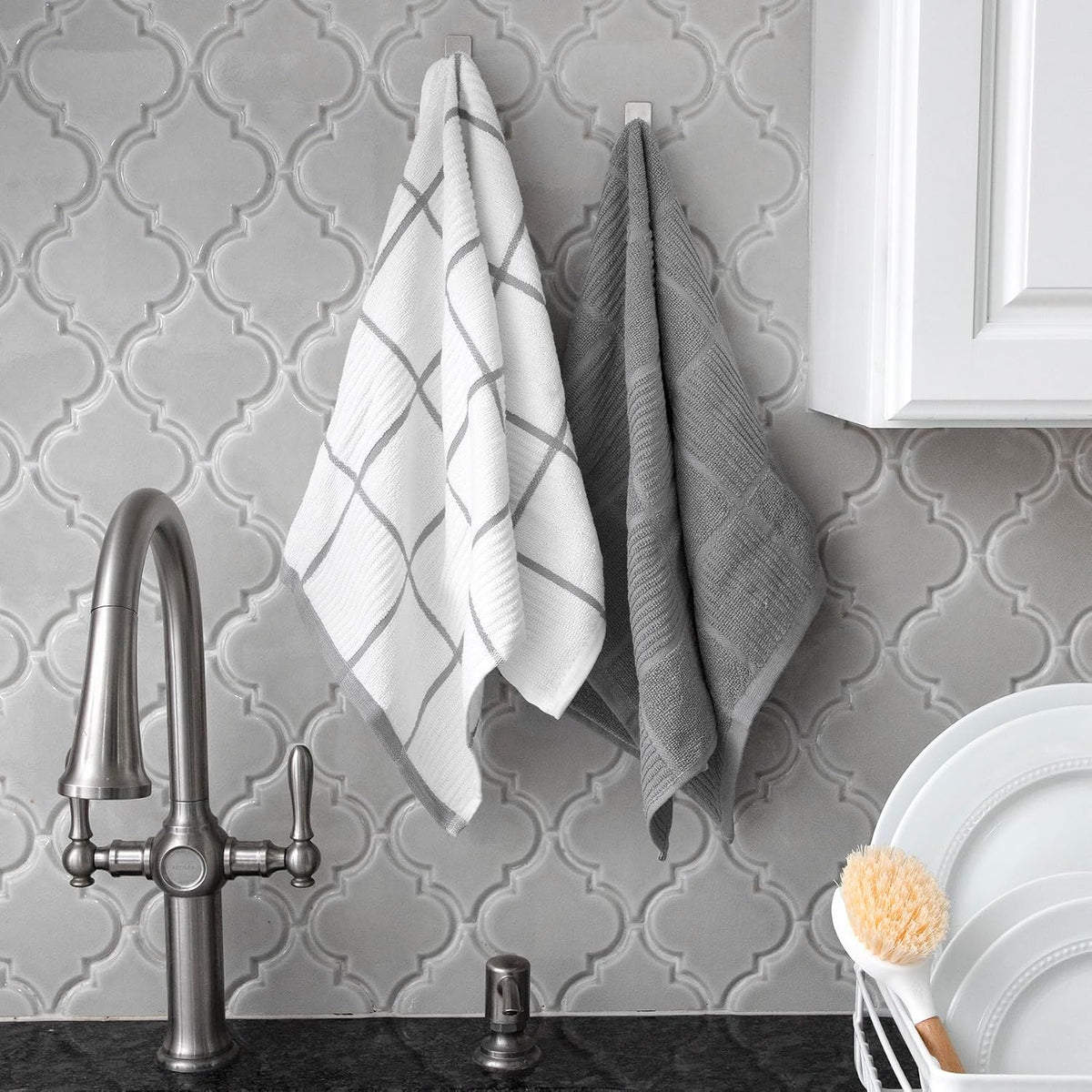 T-fal Solid & Checked Parquet Kitchen Towels: Highly Absorbent, Super Soft Long Lasting - 100% Cotton, 16"x26" Dish Towels for Cleaning & Drying Dishes, Pans, Glassware, or Countertops, (2-Pack), Gray