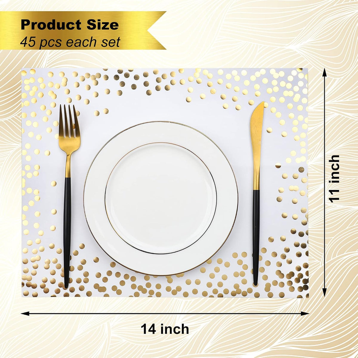 45 Pieces Gold Foil Paper Placemats White and Golden Dots Place Mats Disposable Decorative Paper Table Mats Rectangle Party Placemats for Birthday Wedding Baby Shower Party Dining Decor