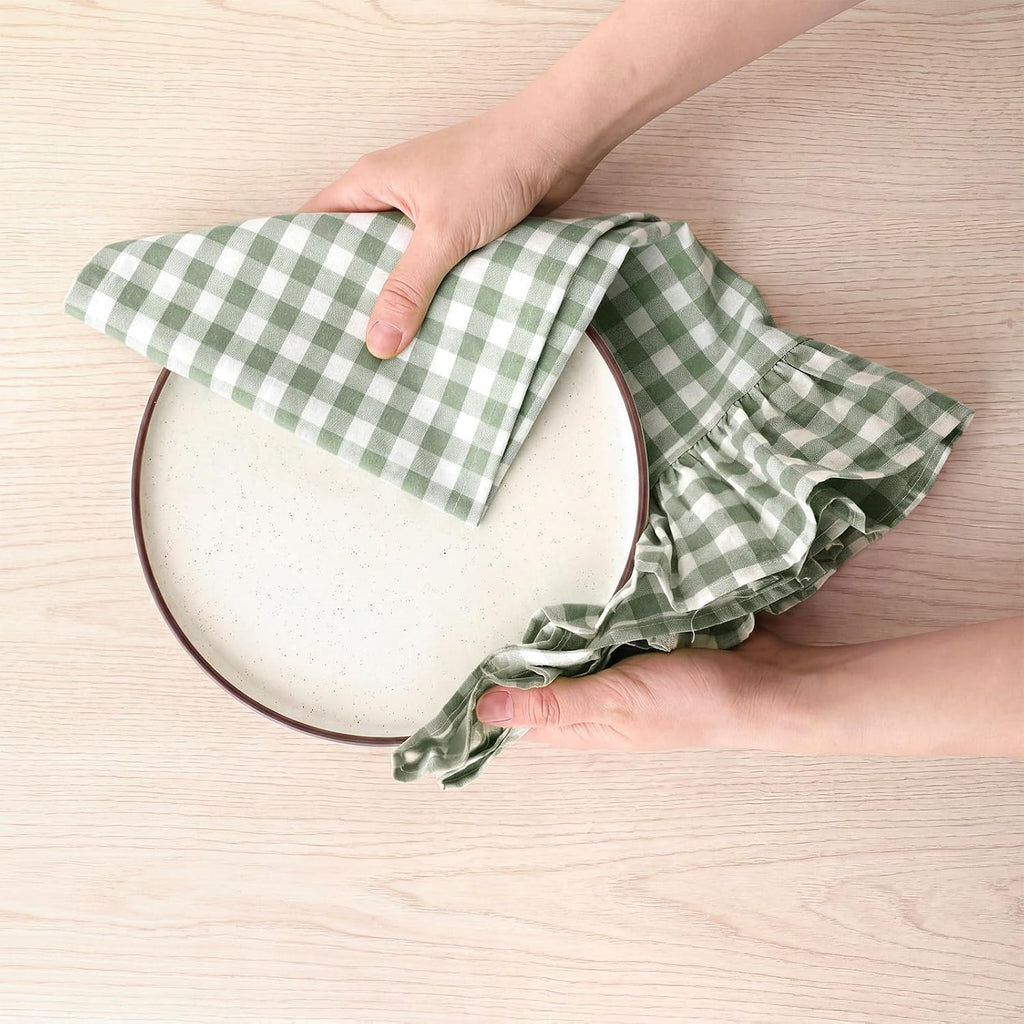 HunnmingRe 2 Pcs Green Gingham Kitchen Towels Cotton Ruffled