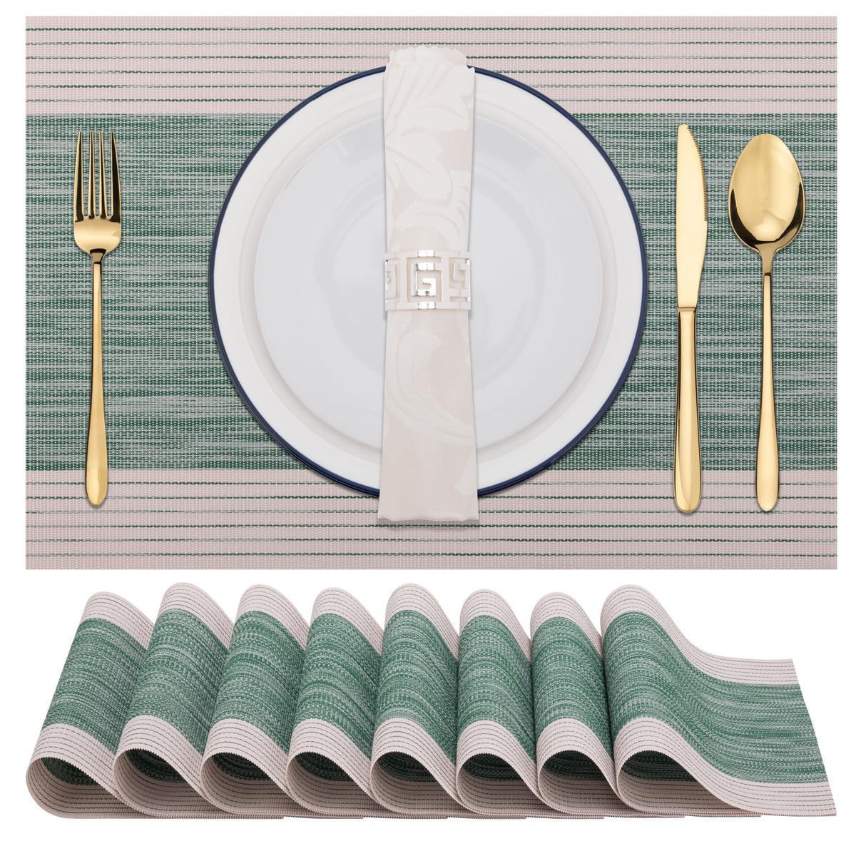 Winknowl Placemats Set of 8, Heat Resistant Non-Slip Vinyl Woven Table Mats for Dining Table, Washable Durable Elegant Place Mats for Kitchen Indoor/Outdoor Use (Beige Blue)
