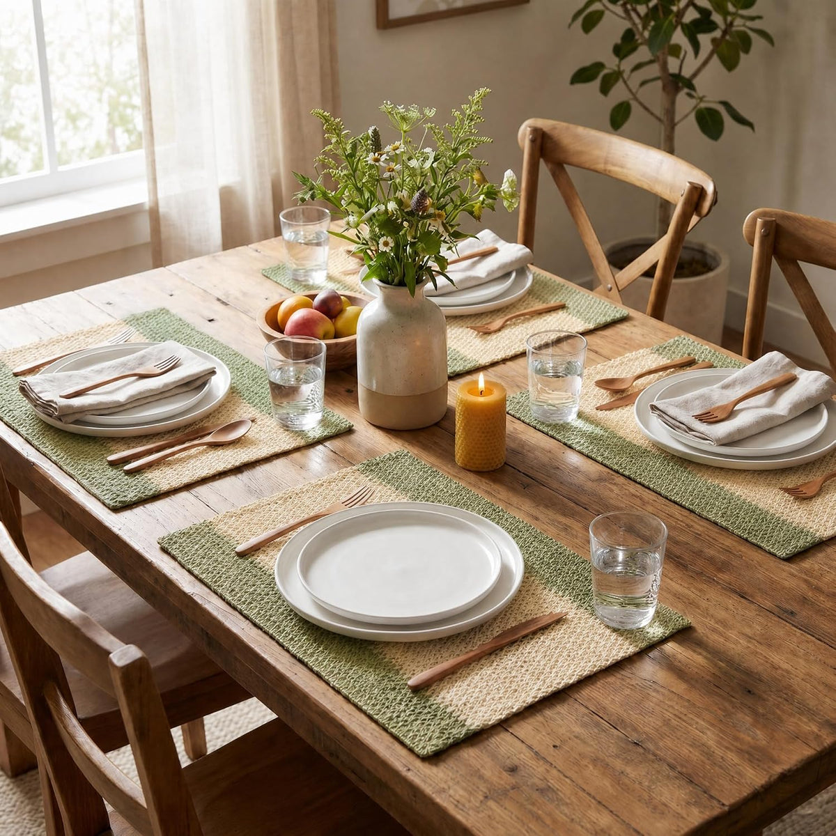 Artoid Mode Light Green Paper Woven Stripe Placemats Set of 4-12x18 Inch