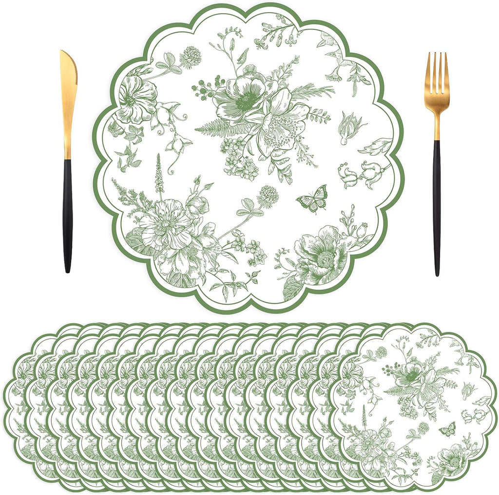 50 PCS Green Floral Paper Placemats, 13.5 Inch Paper Placemats Disposable with Butterfly and Flowers Print, for Decor Birthday Summer Wedding Wildflower Party, Banquet Table Settings