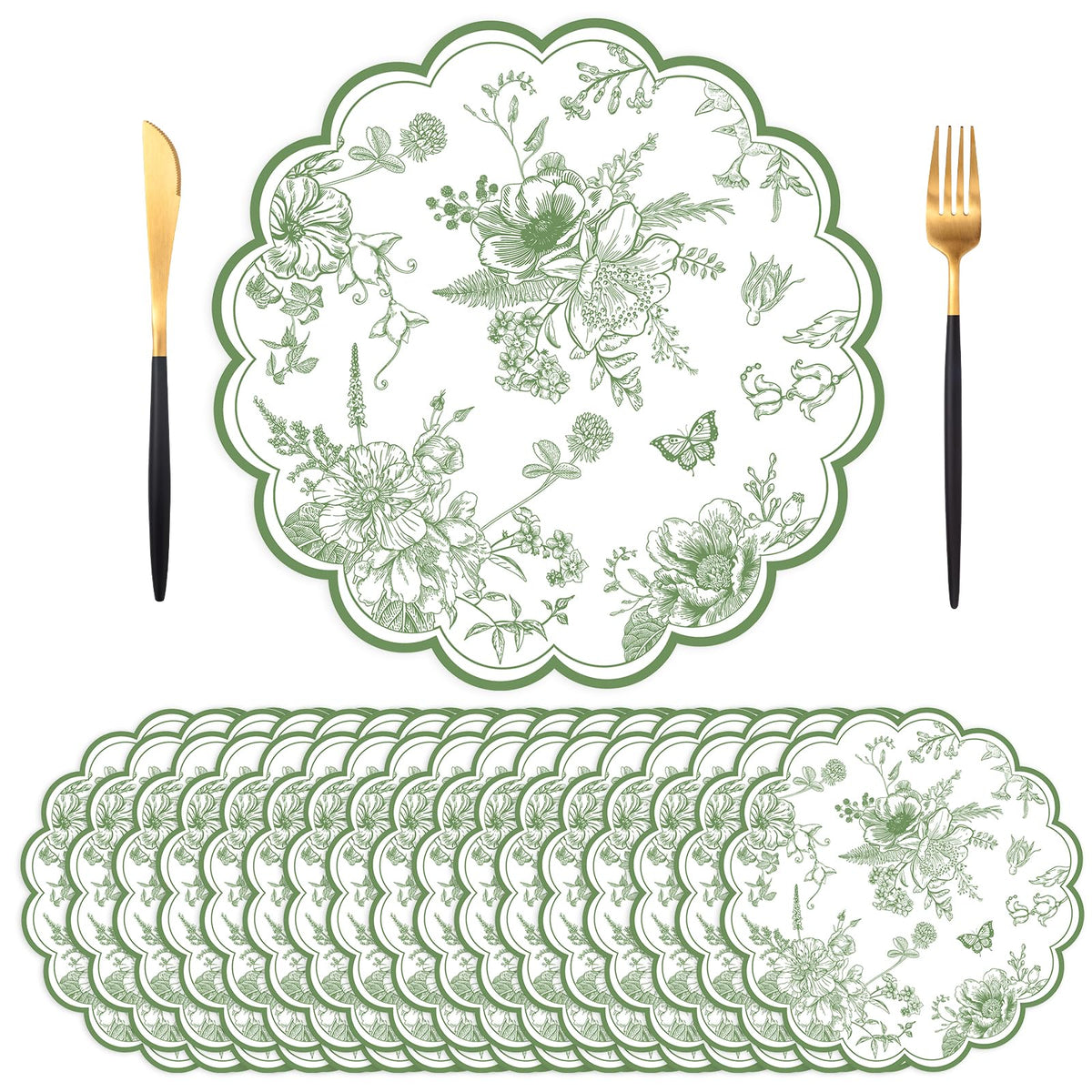 50 PCS Green Floral Paper Placemats, 13.5 Inch Paper Placemats Disposable with Butterfly and Flowers Print, for Decor Birthday Summer Wedding Wildflower Party, Banquet Table Settings