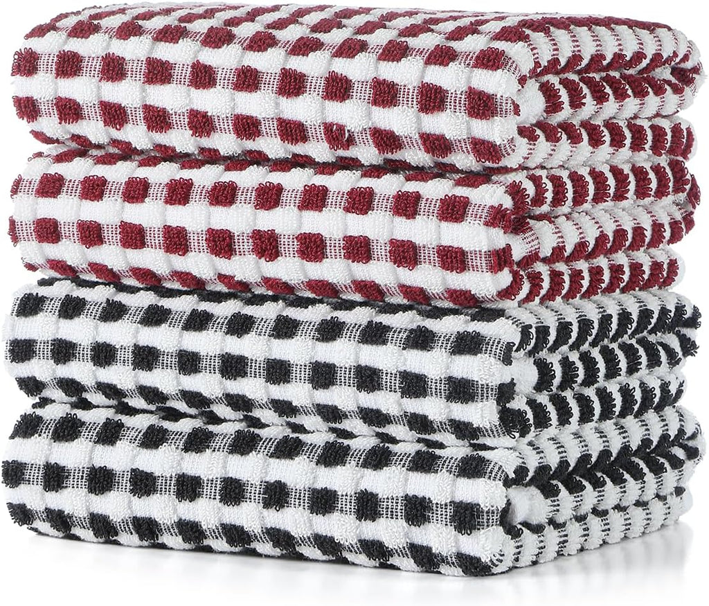 SALAS Cotton Dish Towels Cloths for Kitchen Drying Dishes, Lattice Terry Kitchen Towels, Absorbent Cloths with Hanging Loop, 16‘’ x 26‘’, 4 Packs, Wine Red and Black