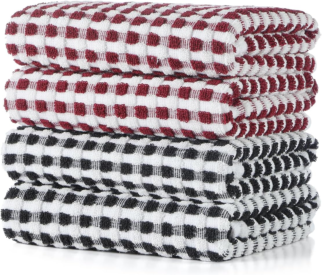 SALAS Cotton Dish Towels Cloths for Kitchen Drying Dishes, Lattice Terry Kitchen Towels, Absorbent Cloths with Hanging Loop, 16‘’ x 26‘’, 4 Packs, Wine Red and Black