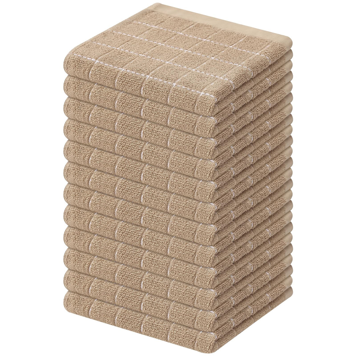 Mordimy Cotton Terry Checkered Kitchen Towels, 16"x 26", 4 Pack, Tan