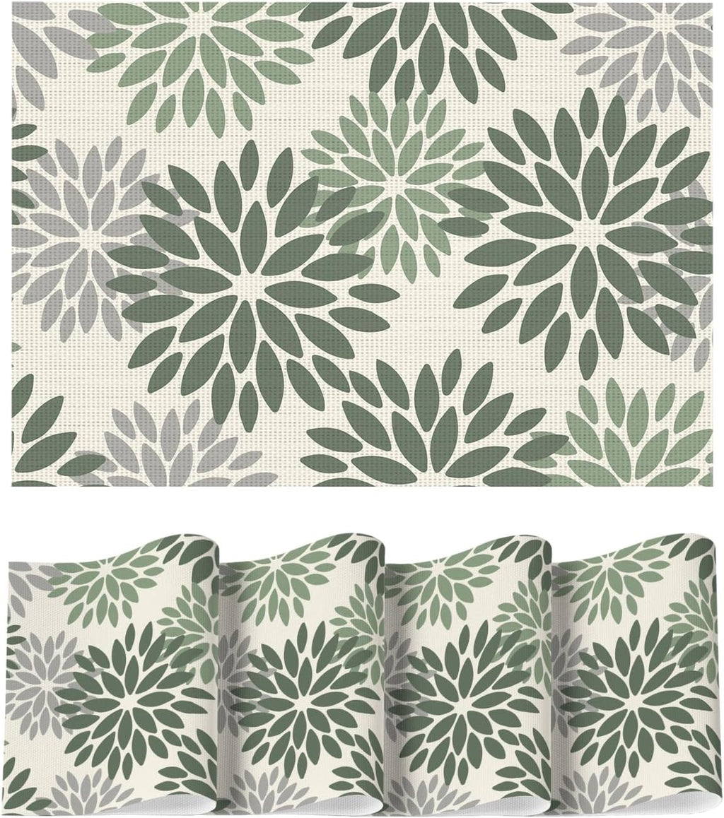 Artoid Mode Floral Vinyl Placemats Set of 4, 12x18 Inch Thanksgiving Washable Non-Slip Plastic Vinyl Place Mats for Party Kitchen Dining Decor, Olive Green