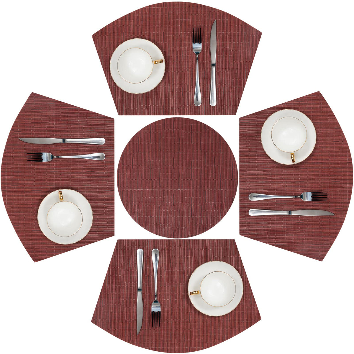 SHACOS Small Round Table Placemats Set of 5 Woven Vinyl Wedge Placemats with Centerpiece Round Table Mats Heat Resistant Wipe Clean (5, Black Gray)
