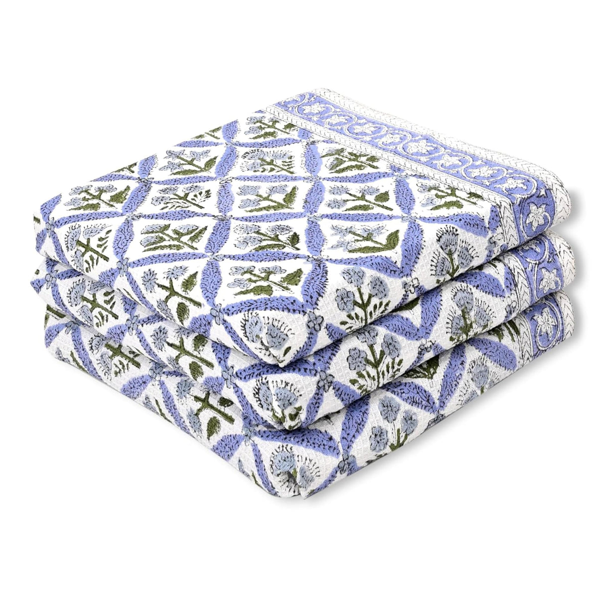 Ridhi Asparagus Green Hand Block Print Cotton Kitchen Towels, 16x28 Inch