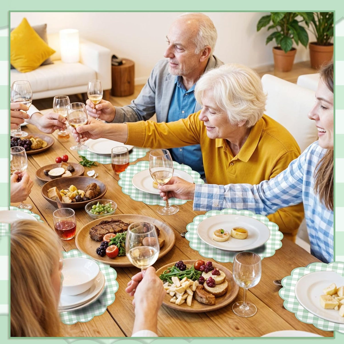 60 Pcs Sage Green Gingham Paper Placemats, Scalloped Checkered Place Mats