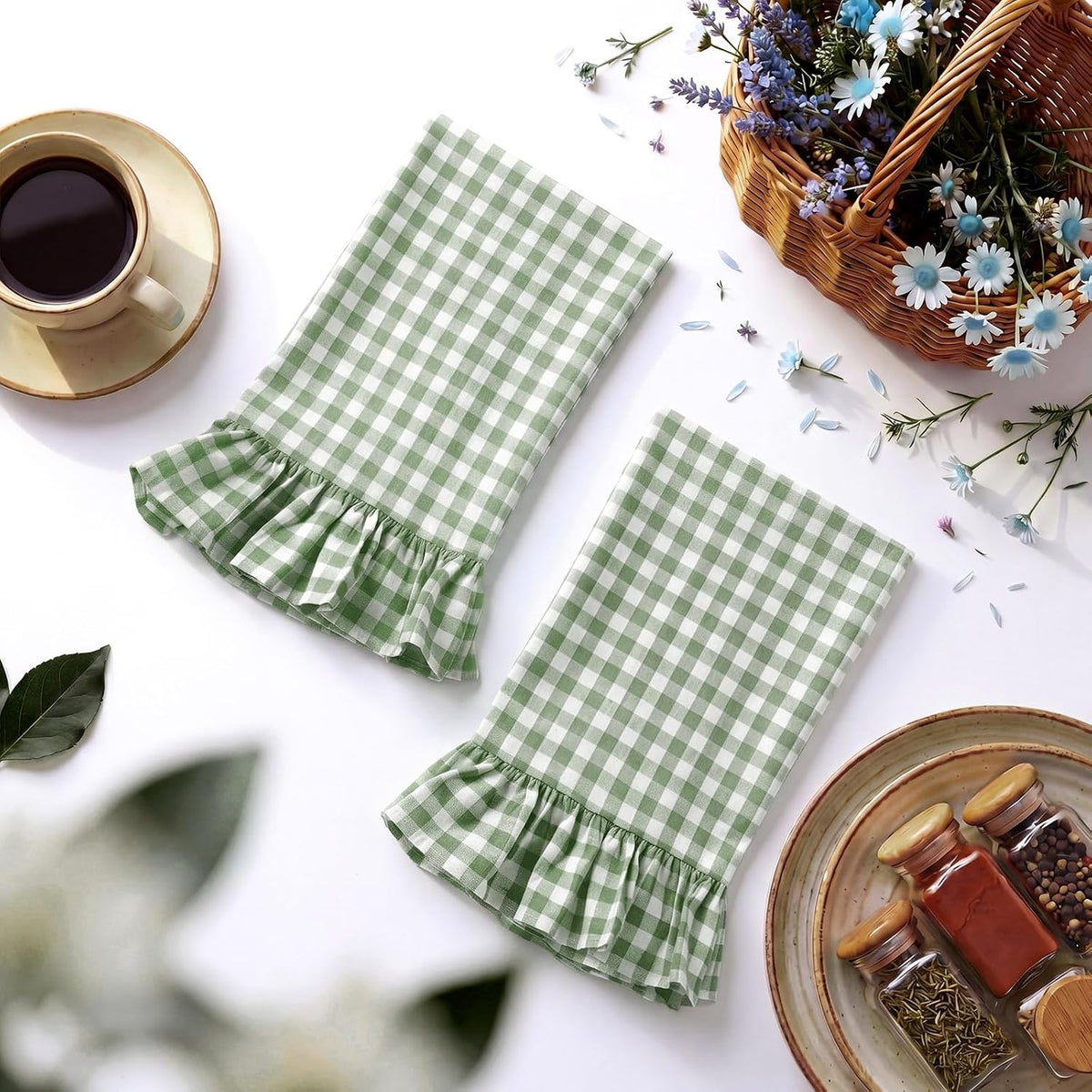 HunnmingRe 2 Pcs Green Gingham Kitchen Towels Cotton Ruffled