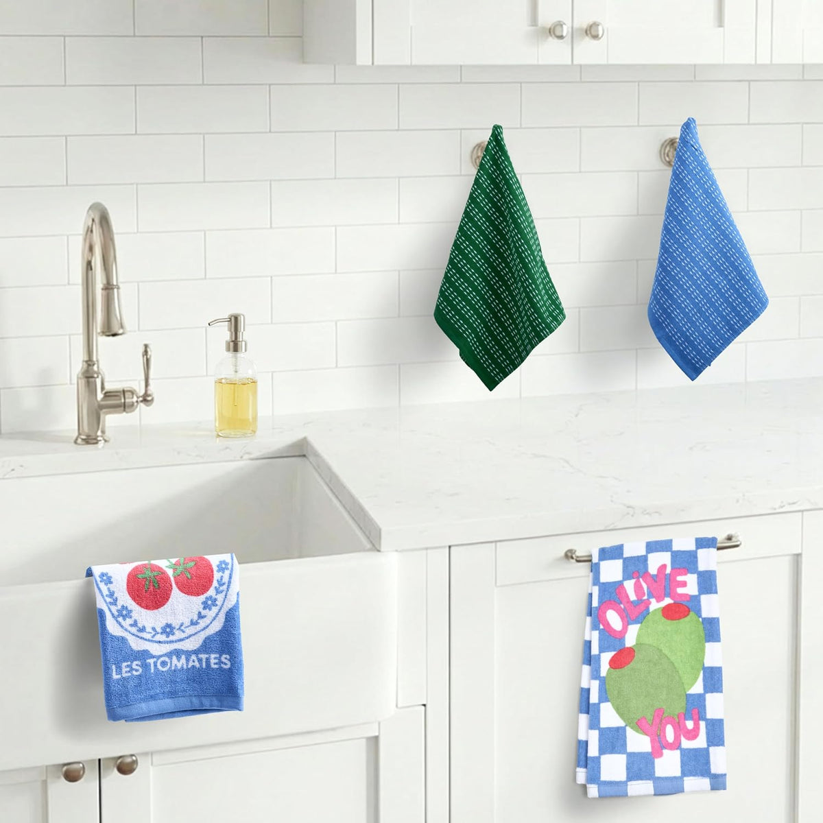 Ritz 4-Piece Kitchen Towel Set, Tomato & Olive Prints with Pine Green & Blue Textured Terry, 100% Cotton & Absorbent Blend, 16" x 26", Vintage Mediterranean Foodie Kitchen Decor