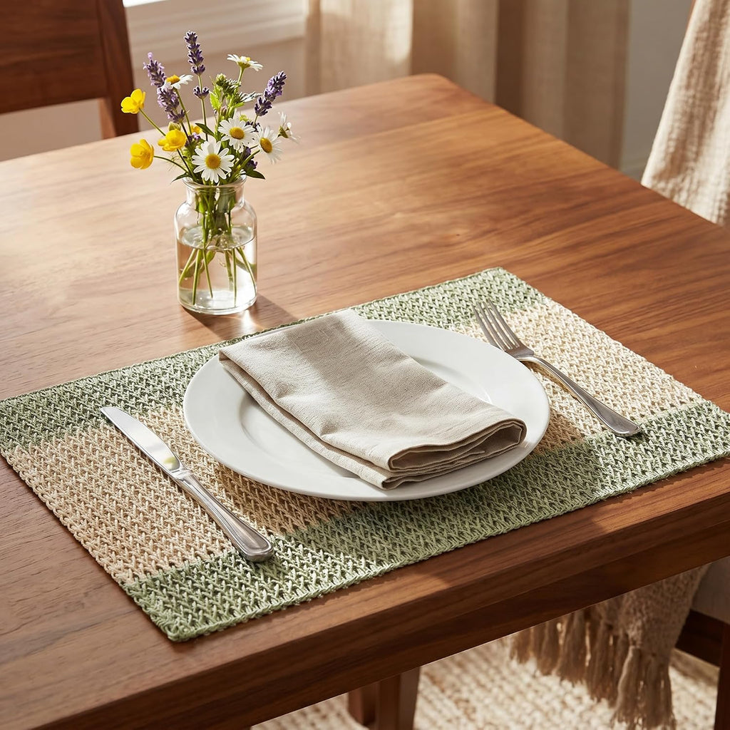 Artoid Mode Light Green Paper Woven Stripe Placemats Set of 4-12x18 Inch