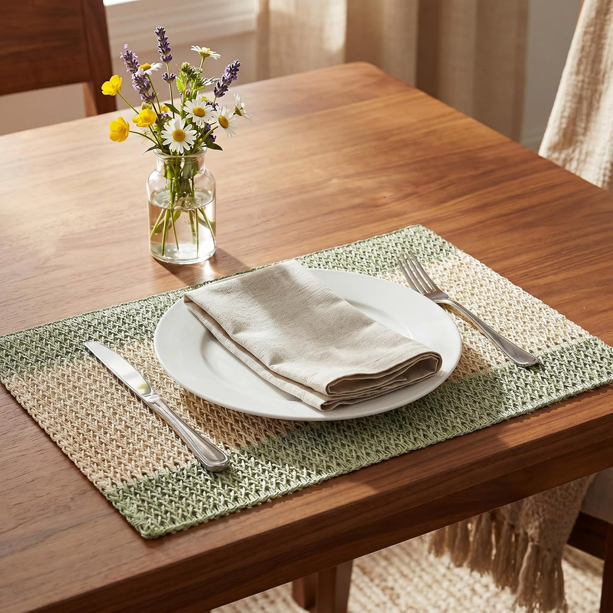 Artoid Mode Light Green Paper Woven Stripe Placemats Set of 4-12x18 Inch