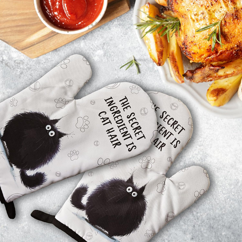 2 Pcs Funny Black Cat Oven Mitts The Secret Ingredient is Cat Hair Heat Resistant Baking Mittens Silicone Non-Slip Oven Mitts Pet Lover Gift Housewarming Gift for Women Hostess Friend Baker