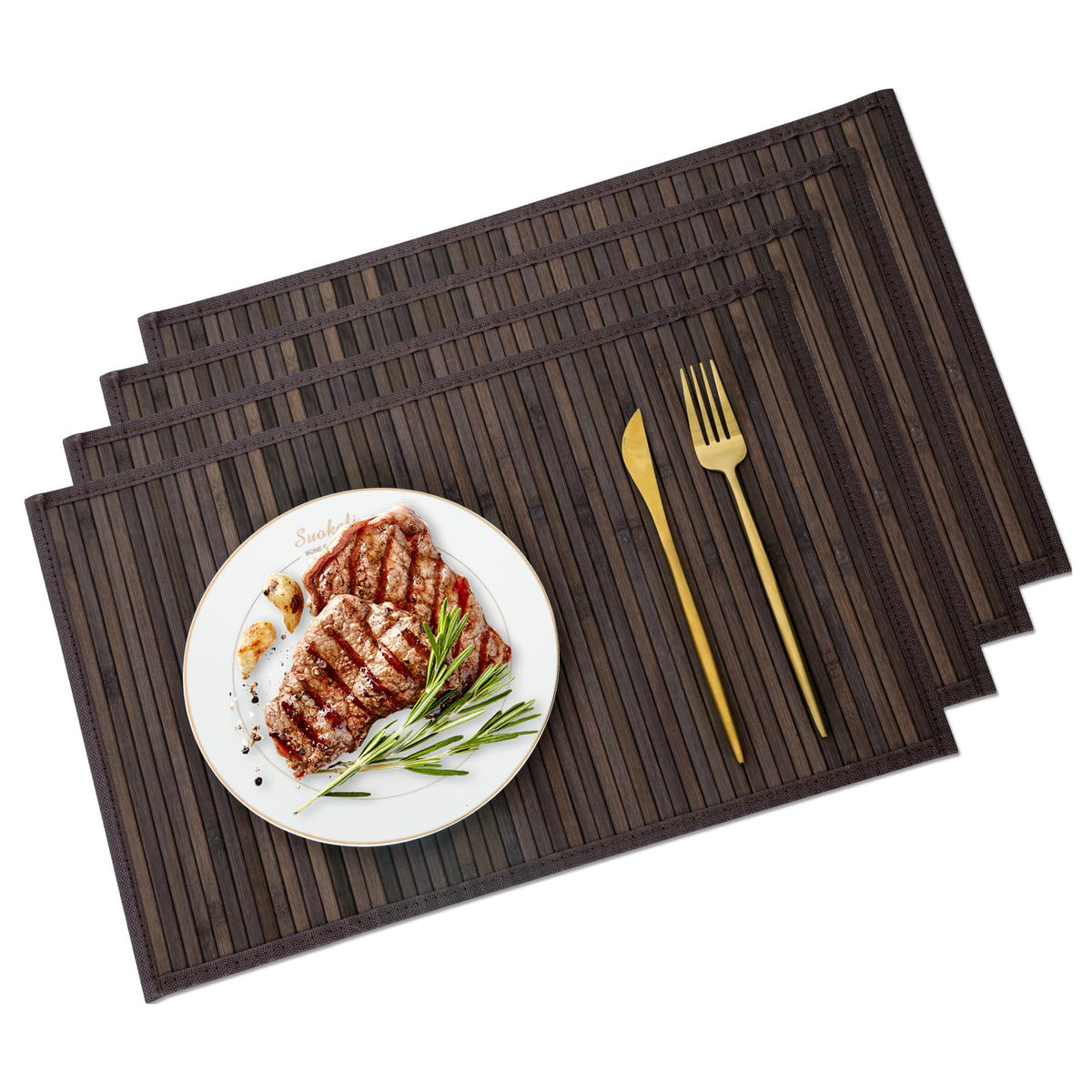 Bamboo Placemats Set of 4 with Fabric Border, Table Mats, Coffee