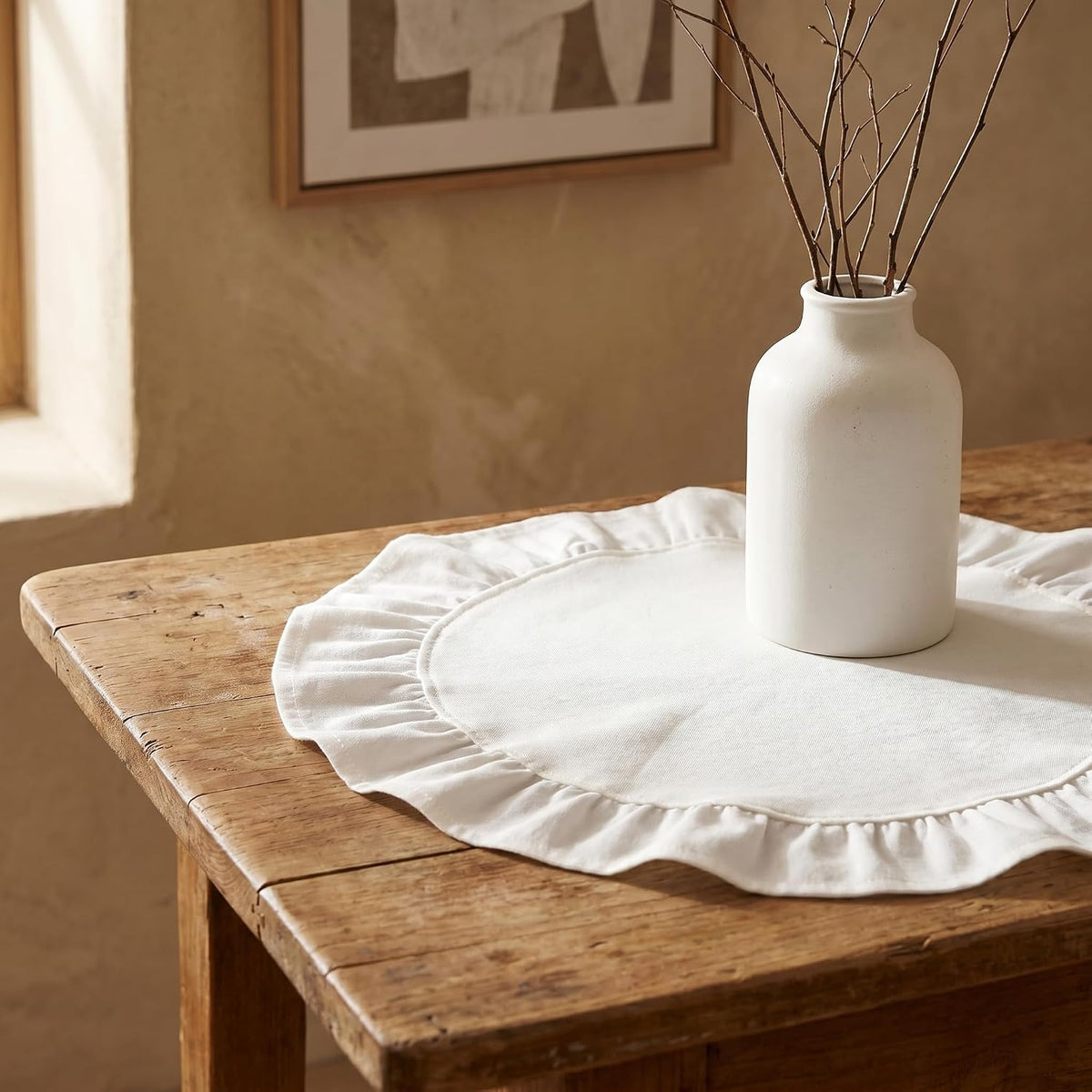 Round Ruffled Linen Blend Placemats, 15 Inch Scalloped Table Mats, Set of 4