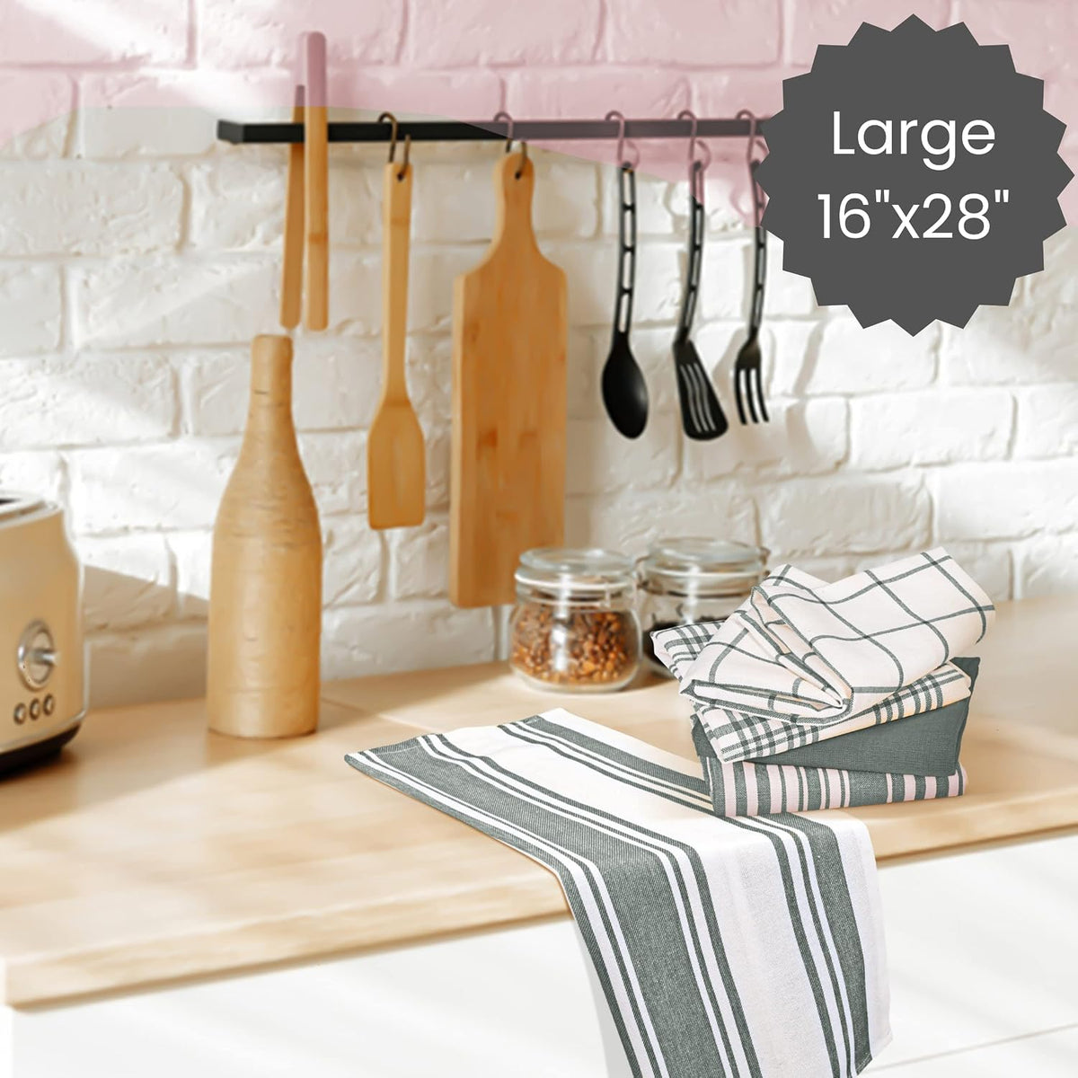 Cotton Clinic Assorted Kitchen Towels 5 Pack – Soft Absorbent Quick Drying Table & Kitchen Linen - Dish Towels, Dish Cloths, Tea Towels and Cleaning Towels with Hanging Loop – 16x28 / Grey White