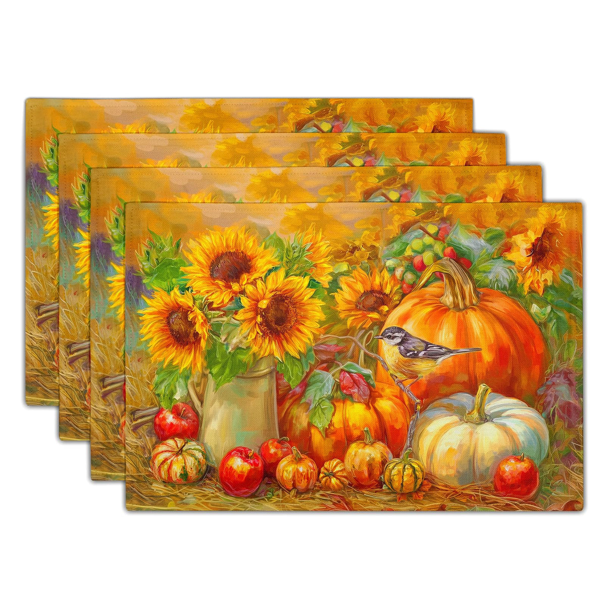 Giwawa Boho Ethnic Placemats Set of 4 Vintage Orange Brown Retro Flower Decorative Linen Table Place Mats 12"x18" Rustic Country Style Floral Place Mats Heat Resistance for Kitchen Dining Farmhouse