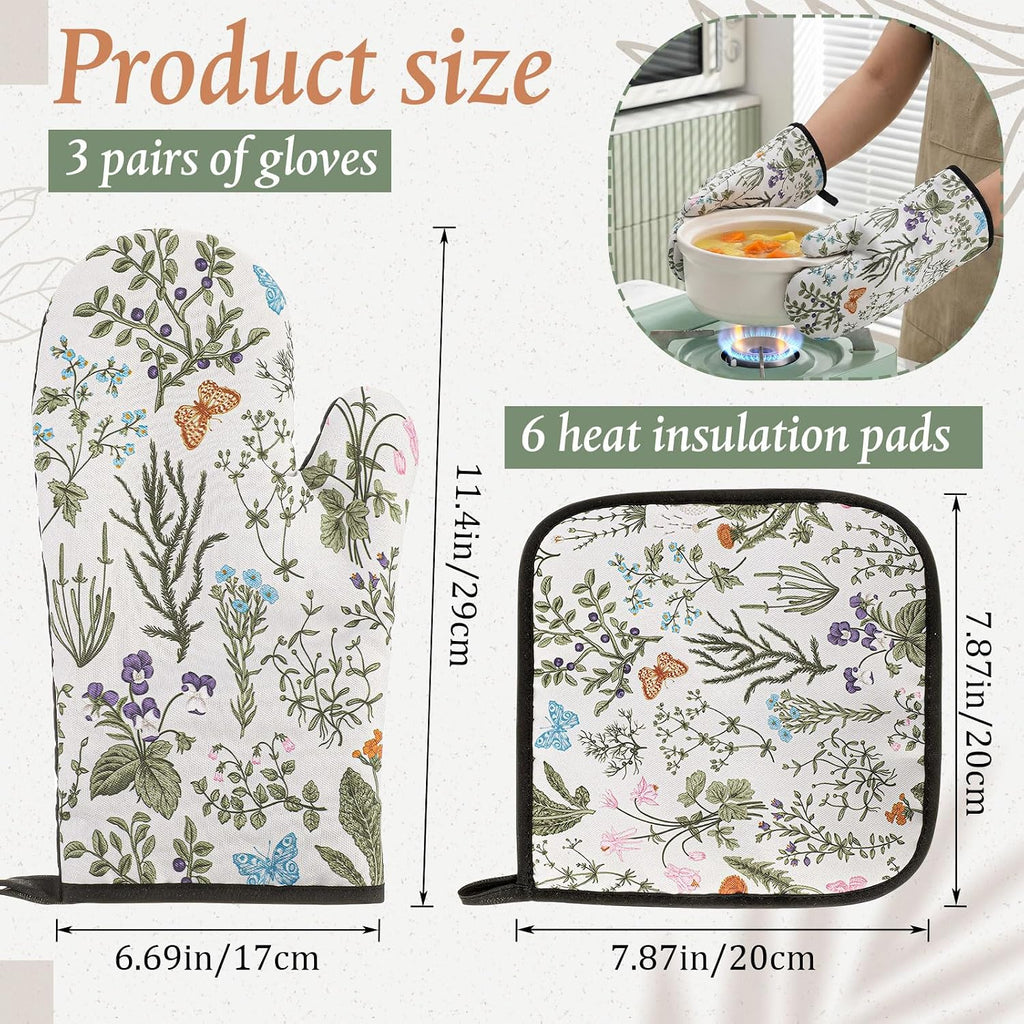 Zhehao 12 Pack Vintage Floral Oven Mitts and Pot Holders, 6 Pcs Non-Slip Heat Resistant Kitchen Oven Gloves, 6 Pcs Cute Botanic Wild Flowers Pads for Cooking Baking Grilling BBQ
