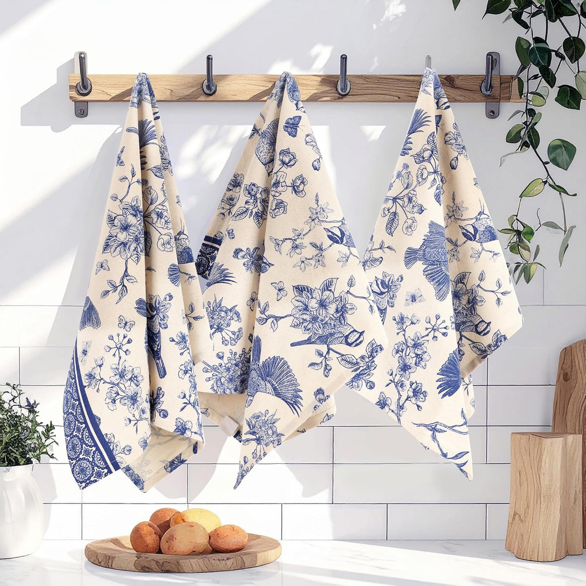 FINGERCRAFT Kitchen Towels 100% Cotton Set of 6 Tea Towel, Toile Blue