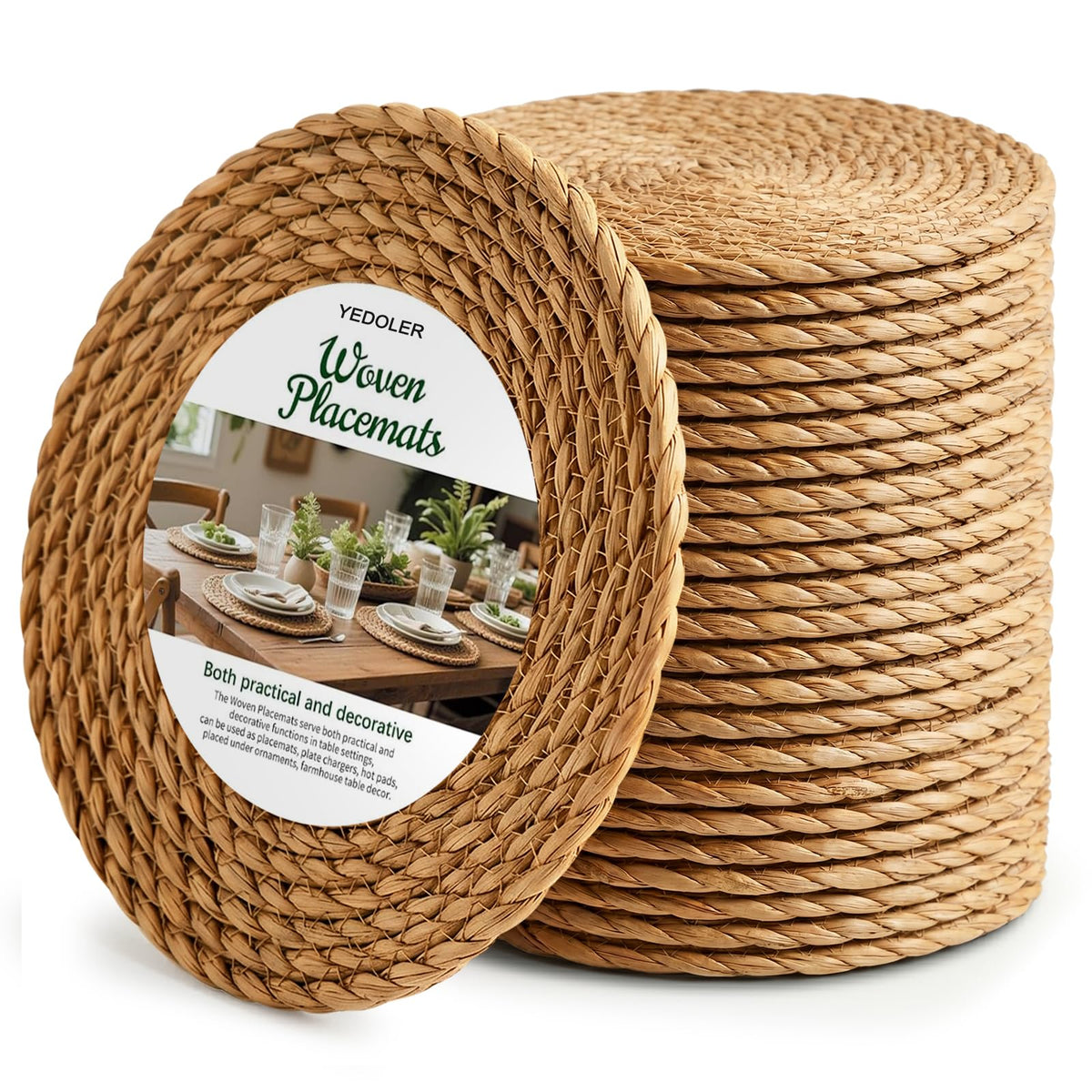 12 Pcs Round Woven Placemats - Yedoler 13 in Farmhouse Boho Straw Heat Resistant Outdoor Patio Rattan Wicker Table Mats, Natural Water Hyacinth Place Mats Coasters for Dining Table,Home,Wedding