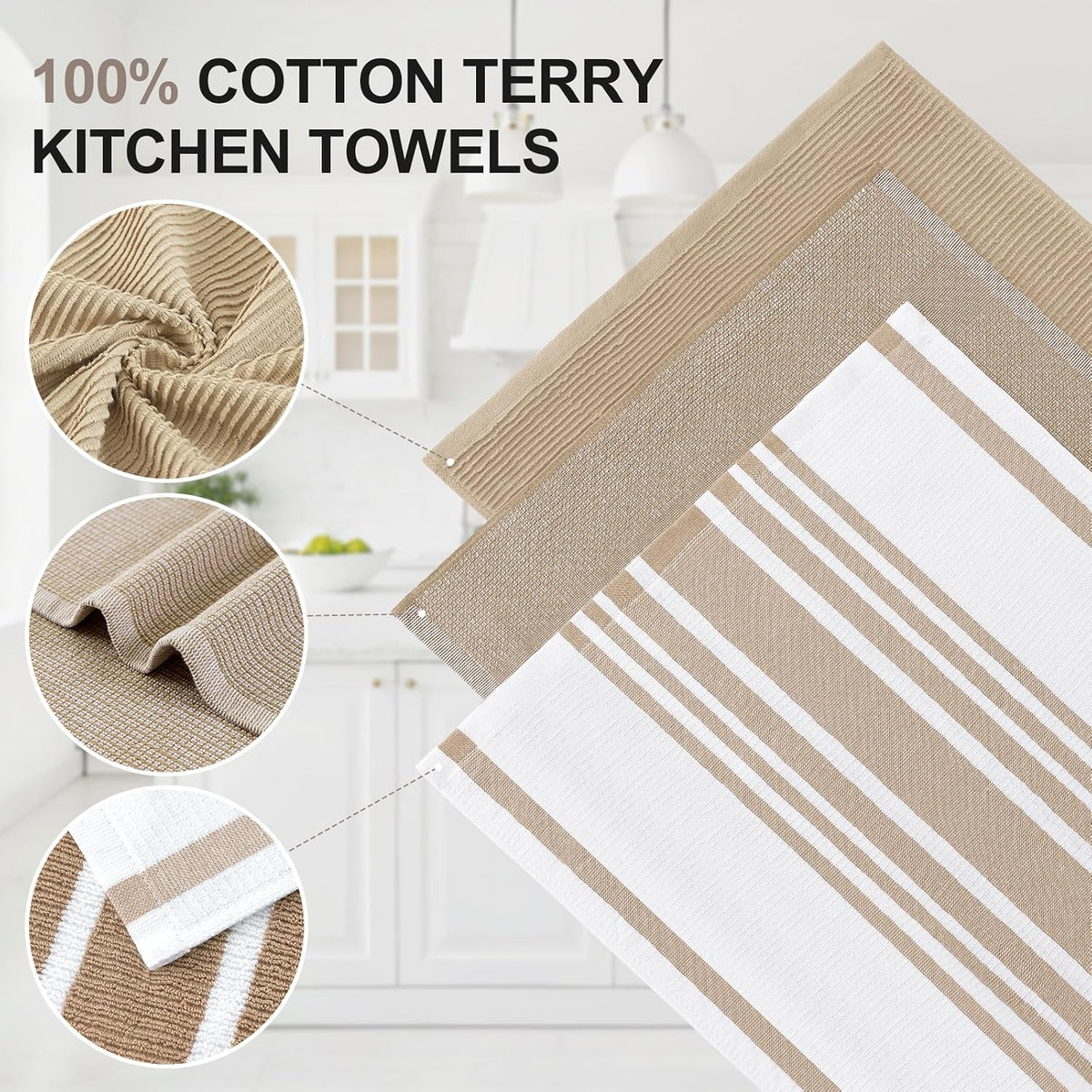 Homaxy Cotton 380 GSM Premium Kitchen Towels, 18"x 28", 6 Pack, Khaki