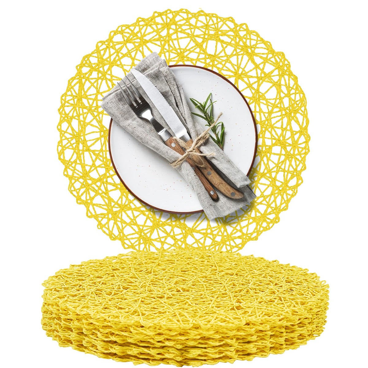 AHHFSMEI Paper Braided Round Placemats Set of 8 Natural Non-Slip Heat Resistant Table Mats for Dining Tables Woven Indoor & Outdoor Place mats(Coffee,8)