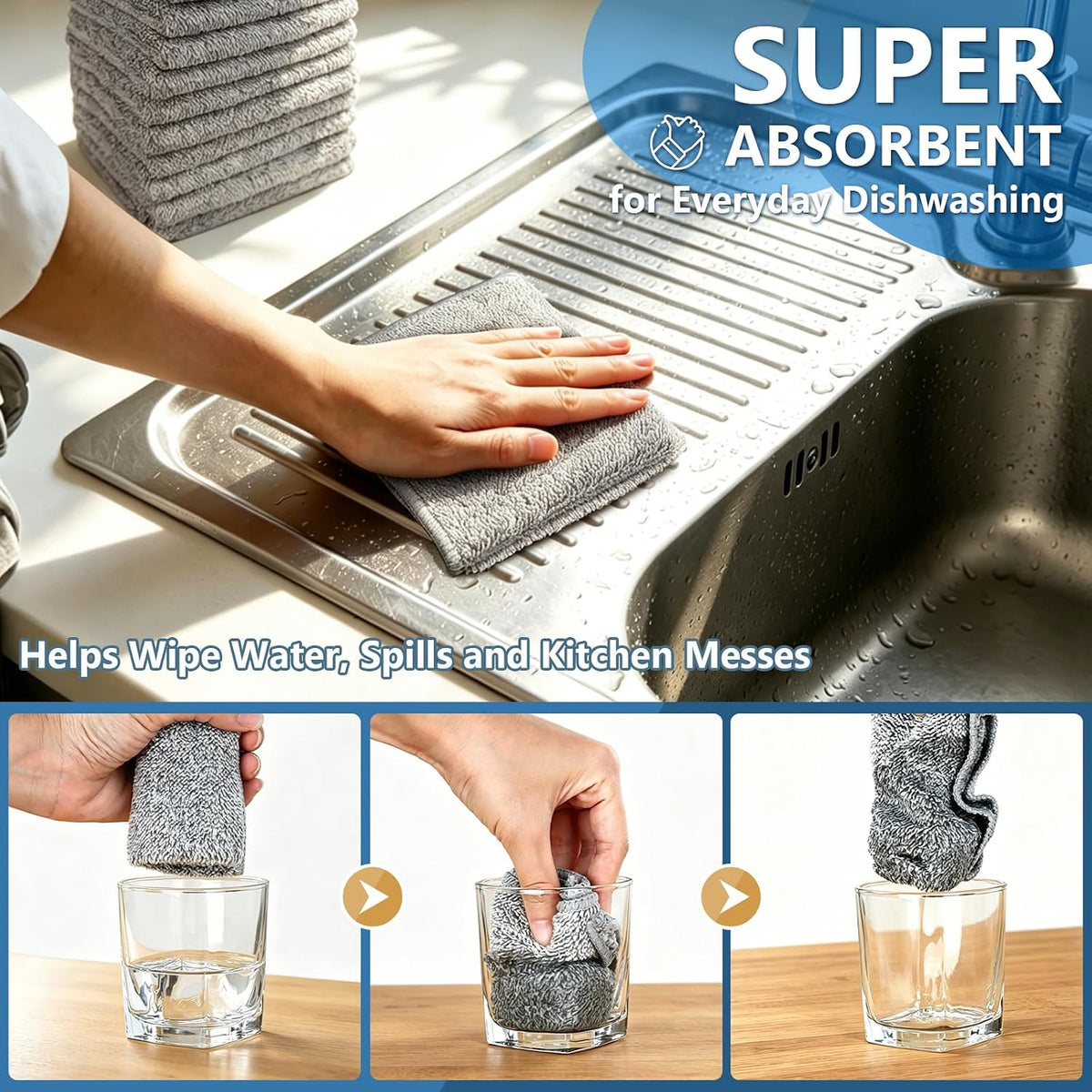 Kitchen Dish Cloths, 12 Pack, 10 x 10 Inches, Super Absorbent Microfiber Dish Towels, Soft Lint Free Reusable Dish Rags for Washing Dishes, Drying, Counters and Sink, Grey