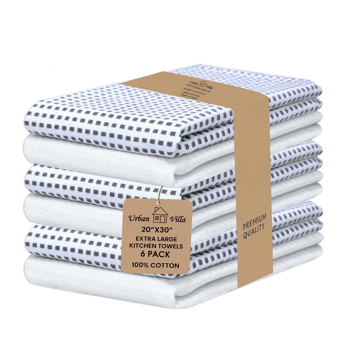 Urban Villa Kitchen Towels Cotton Dish Towels 12”x12” (Set of 8) Grey White