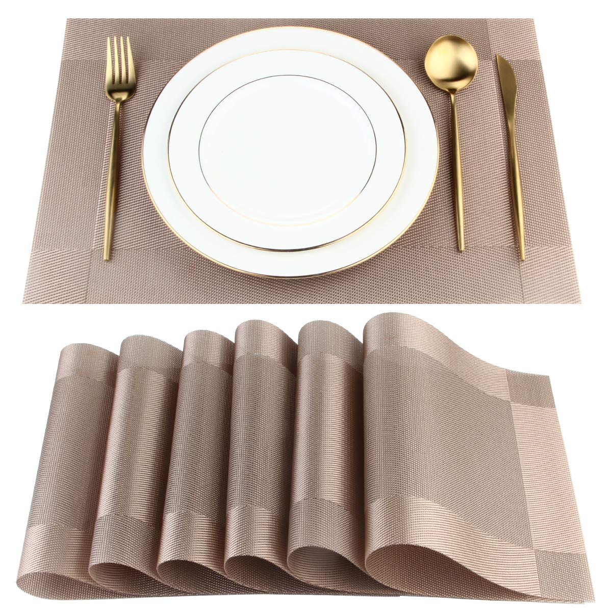 DACHUI Placemats Set of 6, Linen Look Woven Place Mats (Beige)