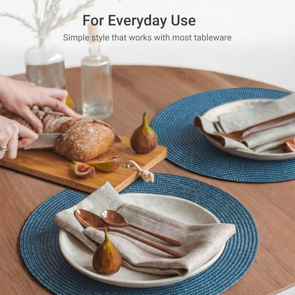 FunWheat Round Braided Placemats Set of 6 Table Mats for Dining Tables Woven Washable Non-Slip Place mats 15 in(Blue, 6pcs)