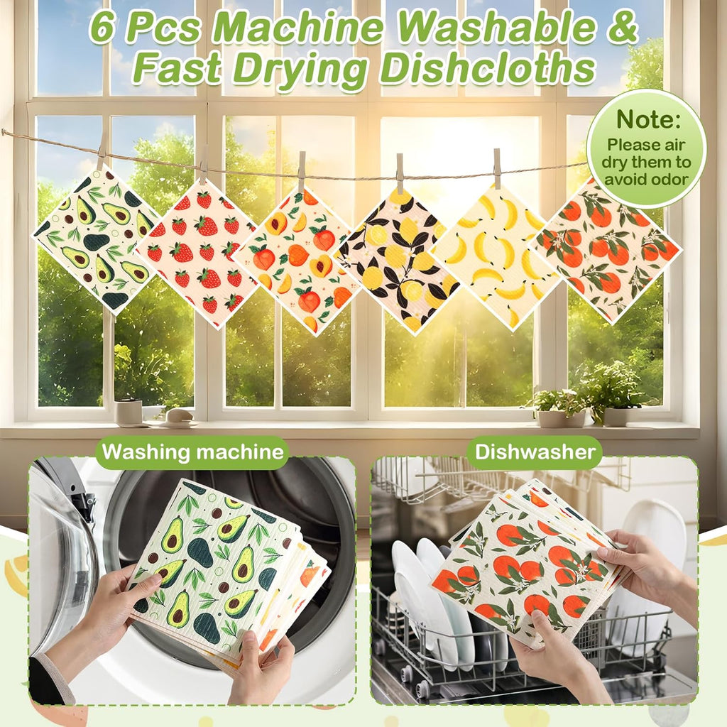 Lucomb Swedish Dish Cloths for Kitchen | 6-Pack Super Absorbent Washable Cleaning Cloths Reusable Paper Towels| Quick-Drying Sponge Wipes No Odor for Party Home Housewarming Kitchen Cleaning