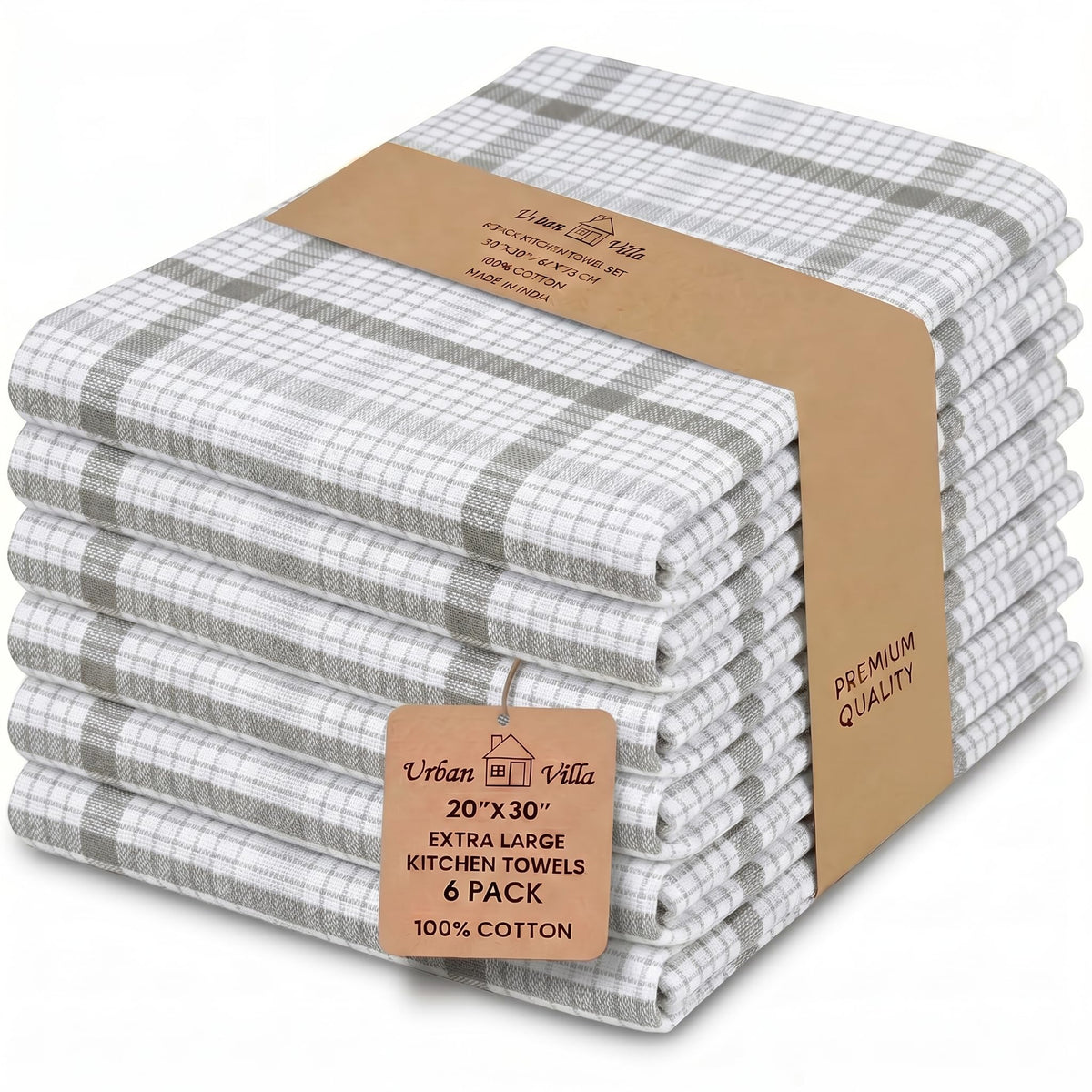 Urban Villa Kitchen Towels Cotton Dish Towels 12”x12” (Set of 8) Grey White