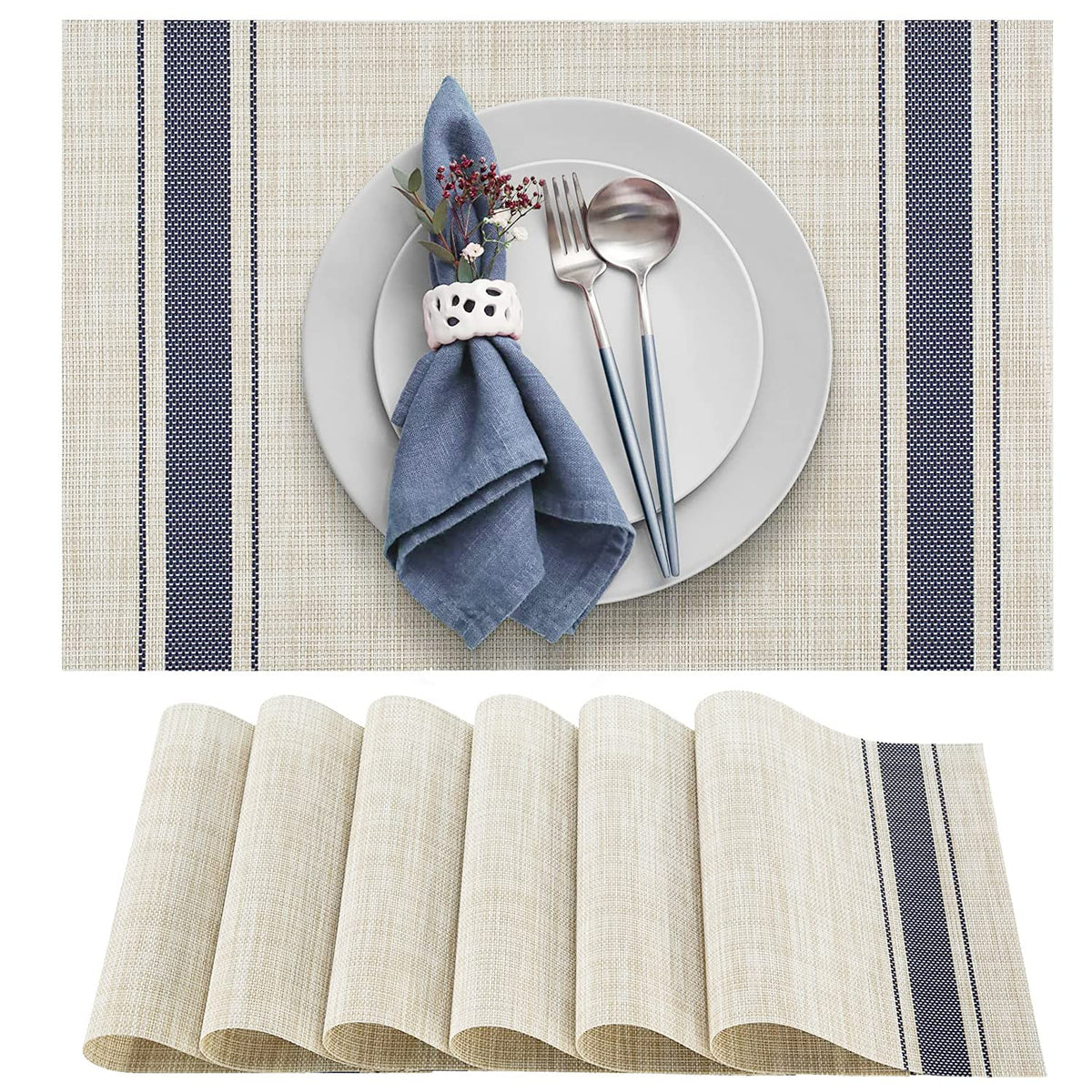 DACHUI Placemats Set of 6, Linen Look Woven Place Mats (Beige)
